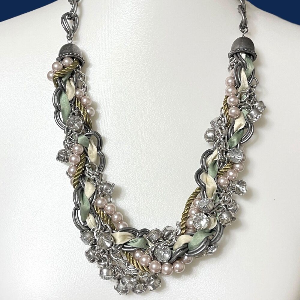LOFT Chunky Rhinestone Statement Necklace Silver Tone Bib Ribbon Cord Braided